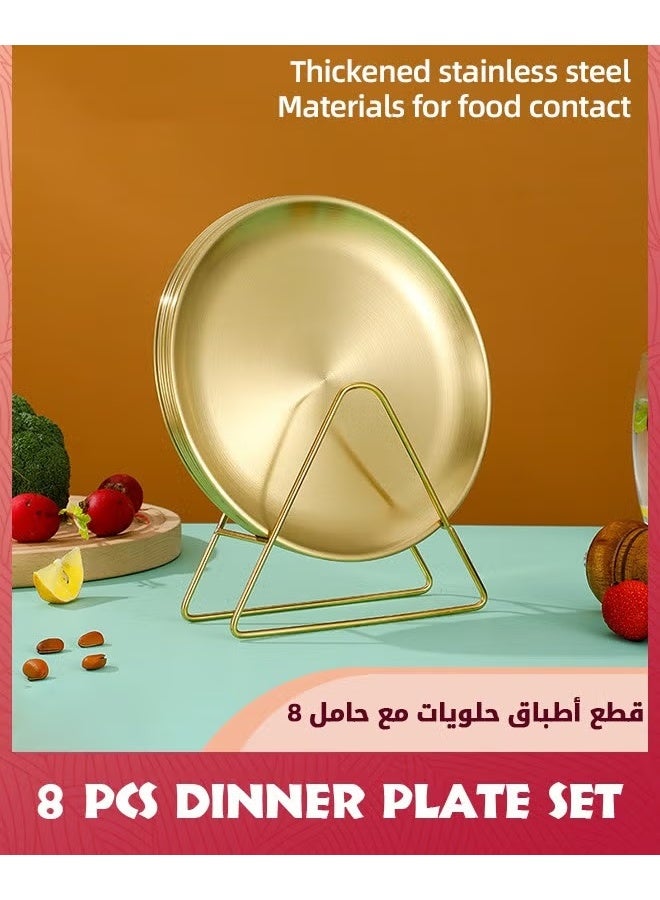 EETU 8-Piece Dessert Plates With Rack,7.2-Inch Appetizer Plate Set,Gold Stainless Steel Round Plates Suitable For Food Serving,Cakes Desserts,Salads,Dips,snacks,Side dishes - Image 3
